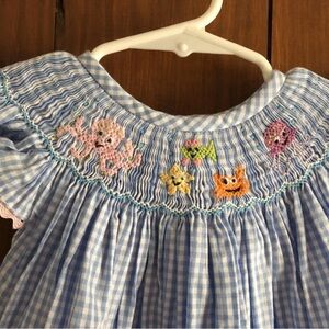 New Blue Gingham Smocked Ocean Life Beach Dress size 6